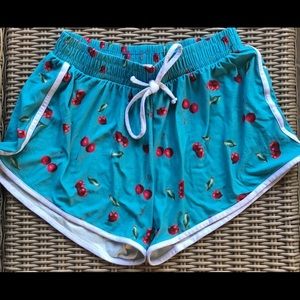 Light blue comfy shorts with cherries on them